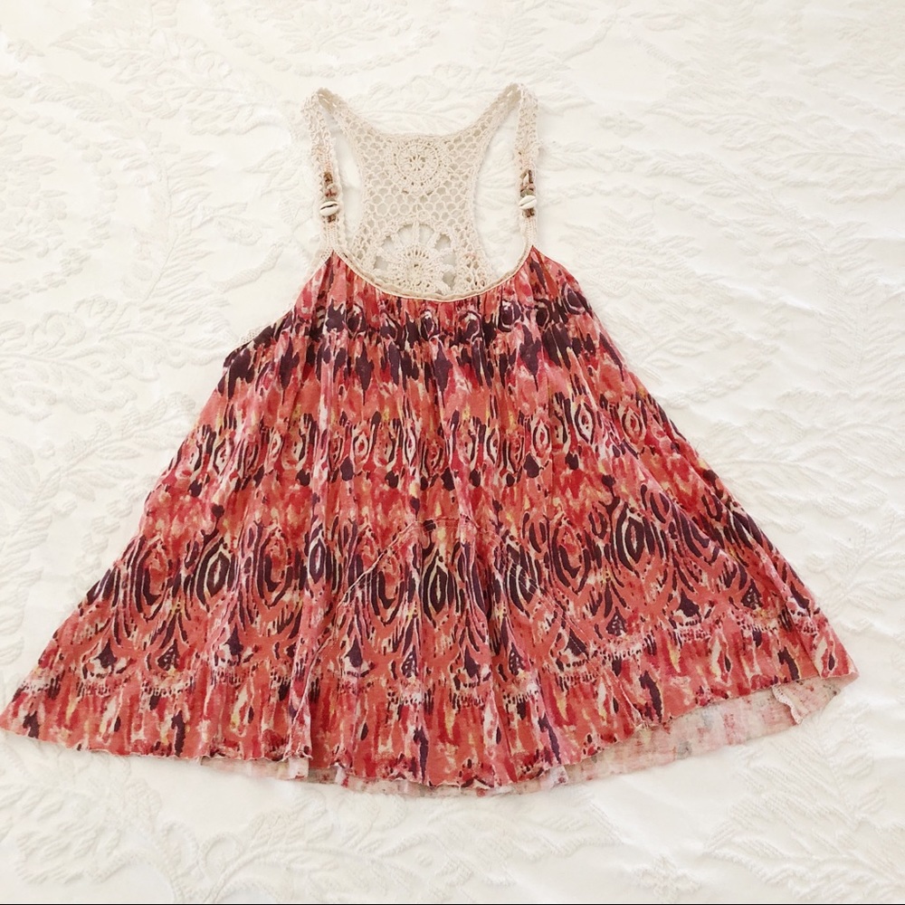 Free People Crochet Back Ikat Print Tank Top - Coral, Cream, Black